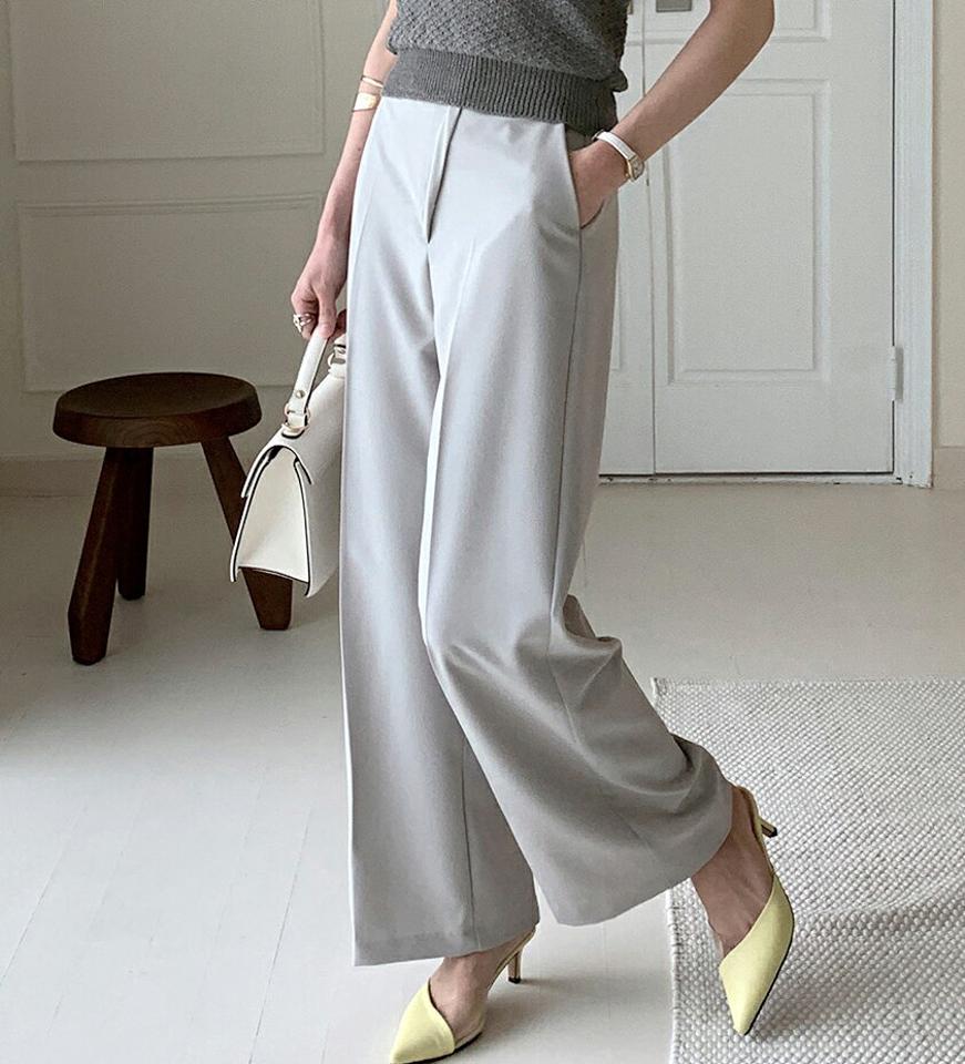 ダイアゴナルボタンワイドスラックス・全3色・t00354 レディース 【pt】パンツ ズボン スラックス ワイドパンツ 単色 無地 シンプル カジュアル ユニーク 春 秋 韓国ファッション ハイホリHIHOLLI