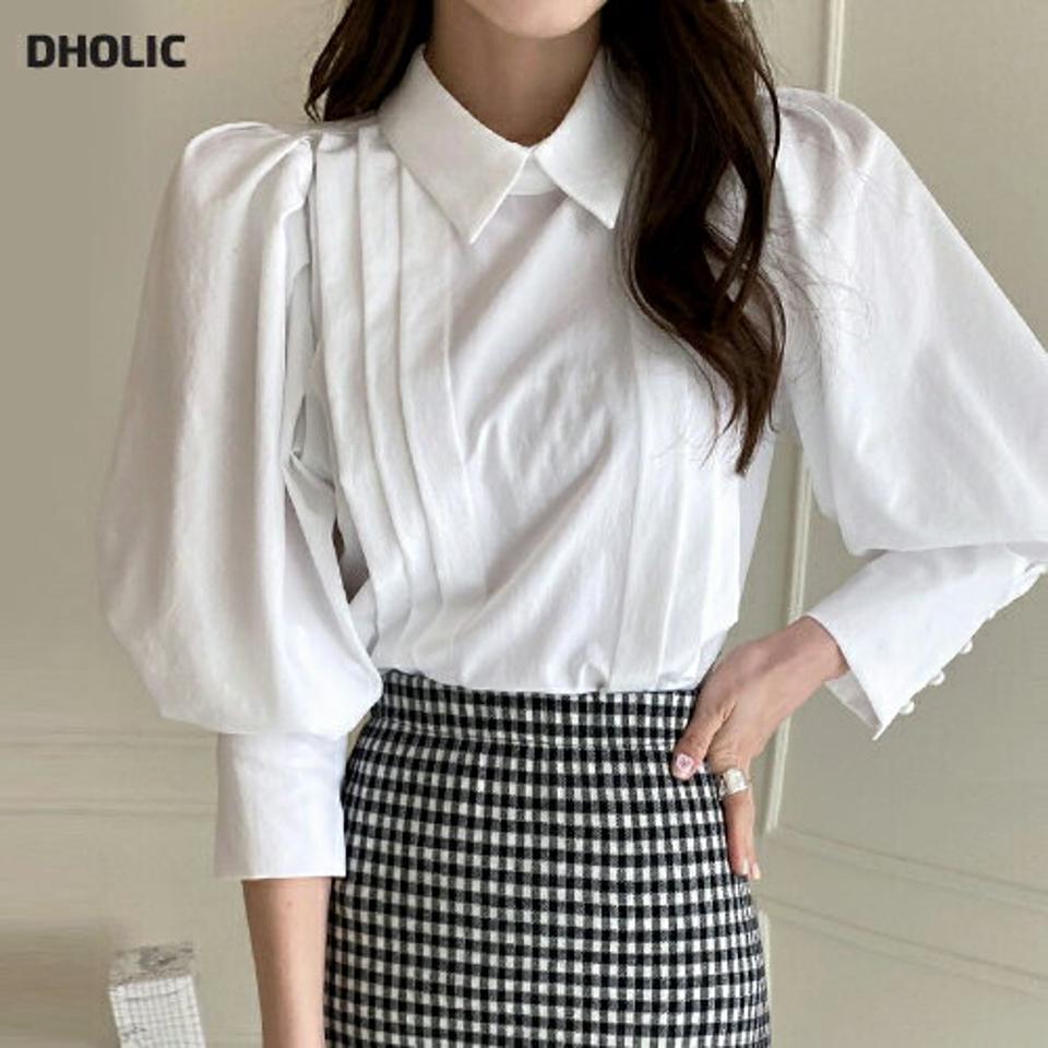 2WAYピンタックパフシャツブラウス・全2色・t00338 レディース 【bl】トップス ブラウス 七分袖 七分丈 7分袖 7分丈 タック パフ袖 パフスリーブ ボリューム袖 前後着用自由 ガーリー かわいい 白 ホワイト 春 秋 韓国ファッション ハイホリHIHOLLI