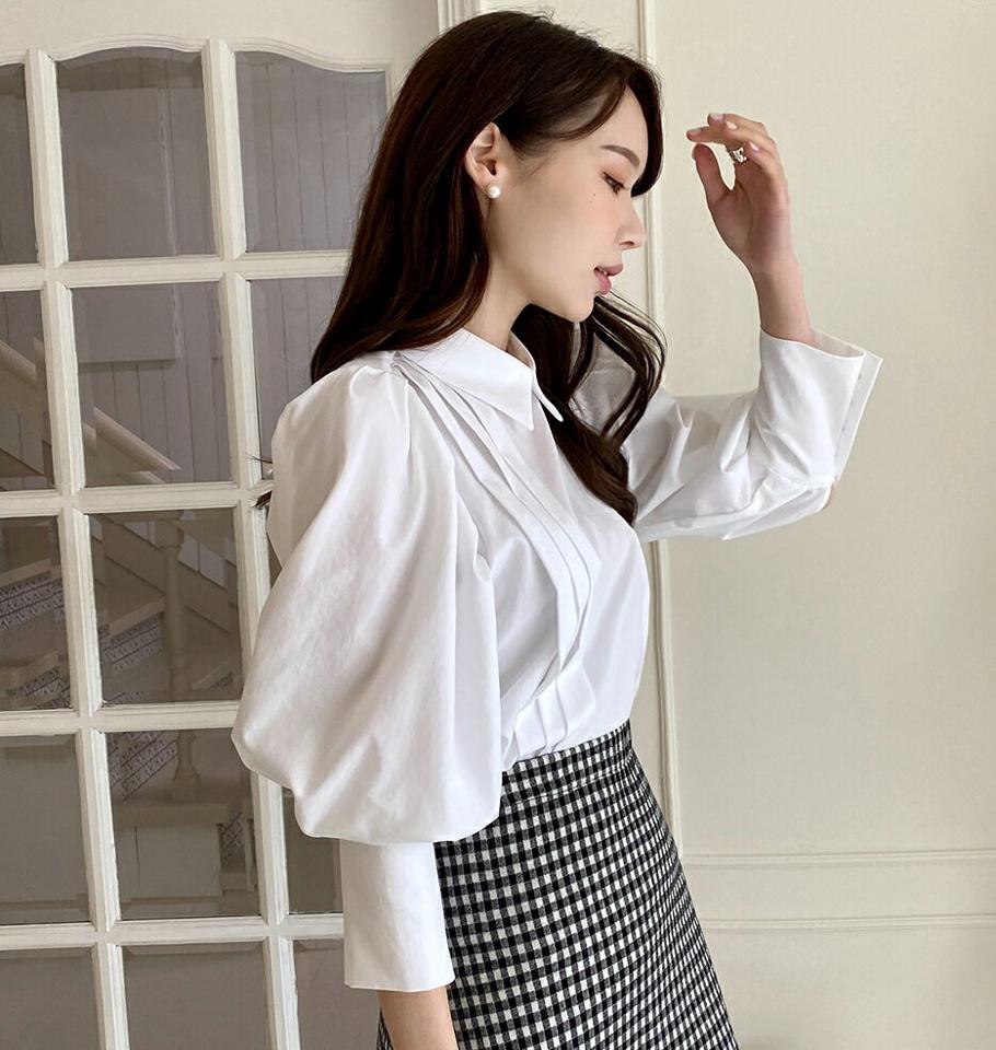 2WAYピンタックパフシャツブラウス・全2色・t00338 レディース 【bl】トップス ブラウス 七分袖 七分丈 7分袖 7分丈 タック パフ袖 パフスリーブ ボリューム袖 前後着用自由 ガーリー かわいい 白 ホワイト 春 秋 韓国ファッション ハイホリHIHOLLI