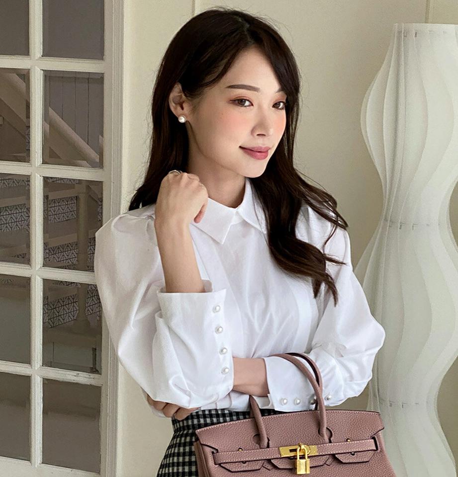 2WAYピンタックパフシャツブラウス・全2色・t00338 レディース 【bl】トップス ブラウス 七分袖 七分丈 7分袖 7分丈 タック パフ袖 パフスリーブ ボリューム袖 前後着用自由 ガーリー かわいい 白 ホワイト 春 秋 韓国ファッション ハイホリHIHOLLI