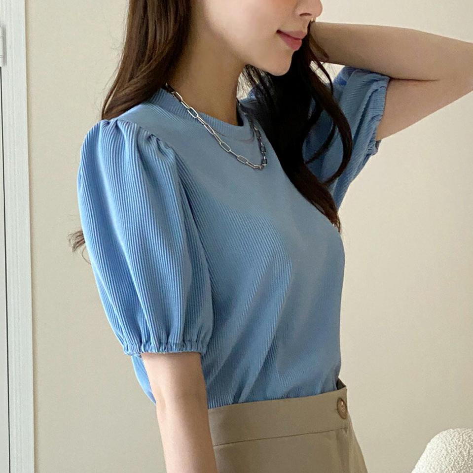 プリーツパフスリーブブラウス・全3色・t00332 レディース 【bl】トップス ブラウス 半袖 パフ袖 パフスリーブ プリーツ 単色 シンプル 水色 春 夏 韓国ファッション ハイホリHIHOLLI