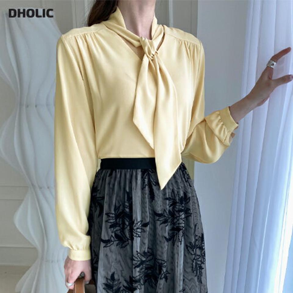 ボウタイギャザーブラウス・全3色・b00340 レディース 【bl】トップス ブラウス 長袖 ボウタイ りぼん ギャザー フェミニン 単色 無地 シンプル 上品 きれいめ オフィスカジュアル 黄色 春 秋 韓国ファッション ハイホリHIHOLLI