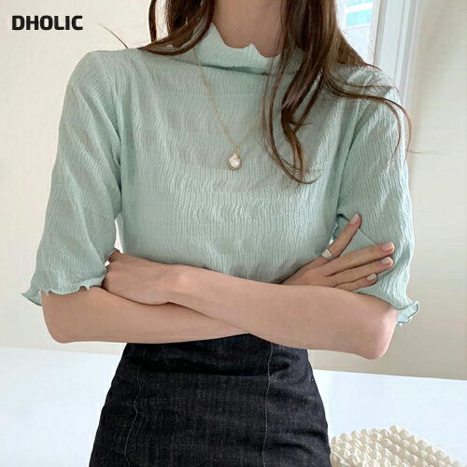 ハイネックリンクルTシャツ・全3色・t00336 レディース 【tops】トップス Tシャツ 半袖 ハーフスリーブ ハイネック リンクル 単色 シンプル 上品 大人 水色 春 夏 秋 韓国ファッション ハイホリHIHOLLI