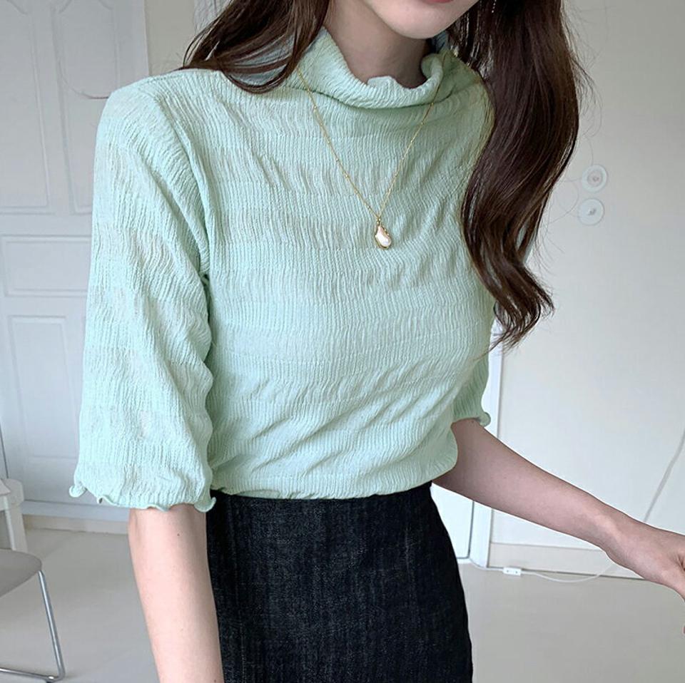 ハイネックリンクルTシャツ・全3色・t00336 レディース 【tops】トップス Tシャツ 半袖 ハーフスリーブ ハイネック リンクル 単色 シンプル 上品 大人 水色 春 夏 秋 韓国ファッション ハイホリHIHOLLI