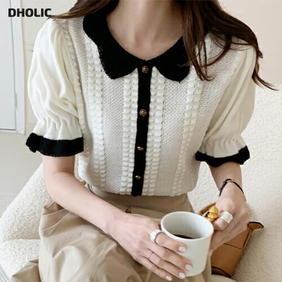 ローズボタン配色カラー半袖ニット・全2色・b00334 レディース 【tops】トップス ニット 半袖 ハーフスリーブ 配色 襟 可愛い かわいい 大人 クロップド丈 スカラップカット 襟コン パフ袖 パフスリーブ 春 夏 韓国ファッション ハイホリHIHOLLI