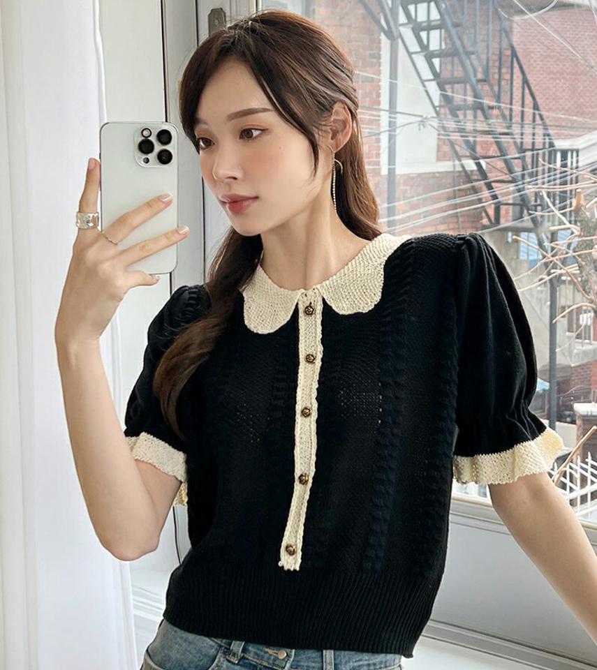 ローズボタン配色カラー半袖ニット・全2色・b00334 レディース 【tops】トップス ニット 半袖 ハーフスリーブ 配色 襟 可愛い かわいい 大人 クロップド丈 スカラップカット 襟コン パフ袖 パフスリーブ 春 夏 韓国ファッション ハイホリHIHOLLI