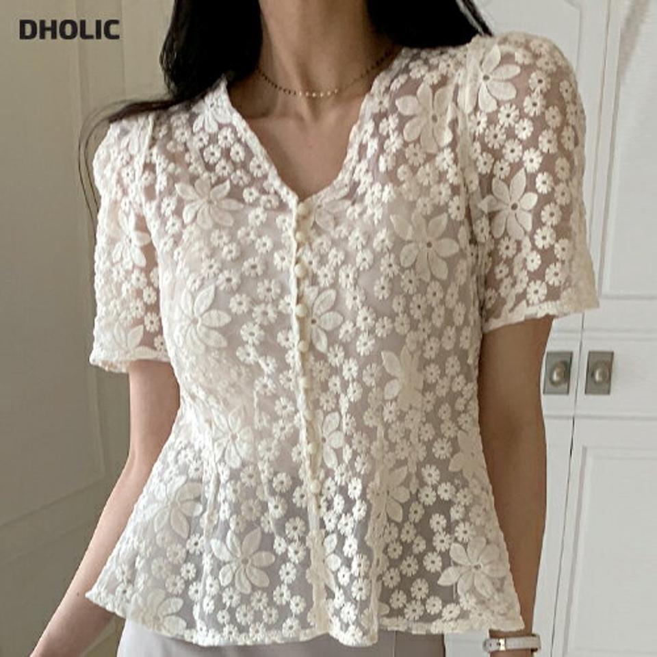 2WAYキャミ付フラワーシースルーブラウス・全2色・b00335 レディース 【bl】トップス ブラウス 半袖 ハーフスリーブ 透け感 シアー シースルー 花柄 お腹カバー フェミニン 刺繍 フレア パフスリーブ 春 夏 韓国ファッション ハイホリHIHOLLI