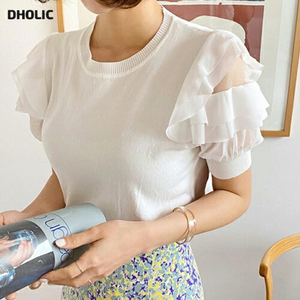 フリルシアーパフ半袖ニット・全2色・b66935 レディース 【tops】韓国ファッション トップス ニット 大人 半袖 ラウンドネック フリル シアー パフスリーブ メッシュ シンプル フェミニン カジュアル 二の腕カバー 夏 春 秋