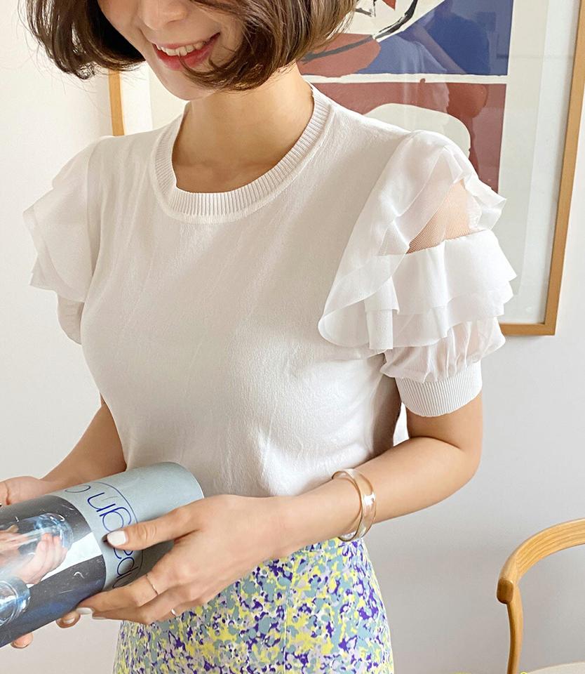 フリルシアーパフ半袖ニット・全2色・b66935 レディース 【tops】韓国ファッション トップス ニット 大人 半袖 ラウンドネック フリル シアー パフスリーブ メッシュ シンプル フェミニン カジュアル 二の腕カバー 夏 春 秋