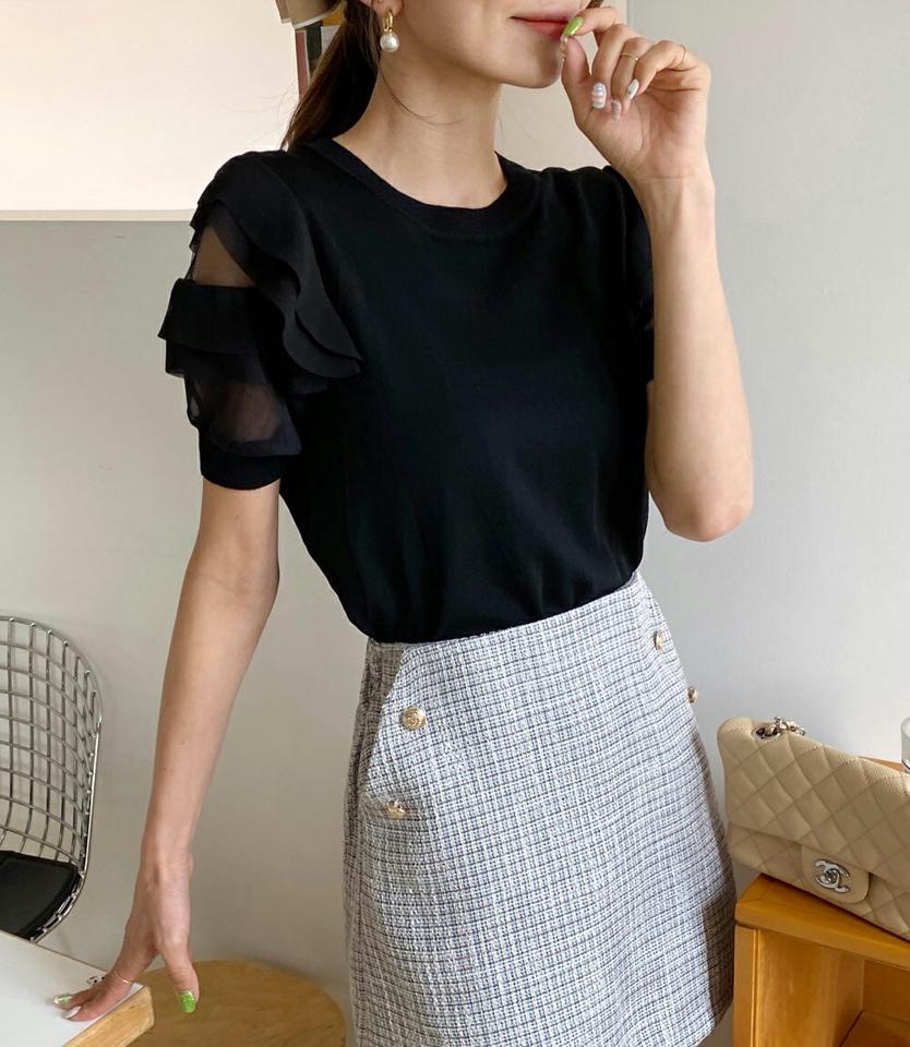 フリルシアーパフ半袖ニット・全2色・b66935 レディース 【tops】韓国ファッション トップス ニット 大人 半袖 ラウンドネック フリル シアー パフスリーブ メッシュ シンプル フェミニン カジュアル 二の腕カバー 夏 春 秋