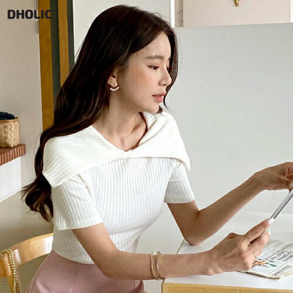 ビッグカラーリブ半袖Tシャツ・全4色・t66960 レディース 【tops】韓国ファッション トップス Tシャツ 大人 半袖 スリム ビッグカラー リブ クロップド丈 かわいい 可愛い 無地 シンプル フェミニン カジュアル デイリー 夏 春 秋