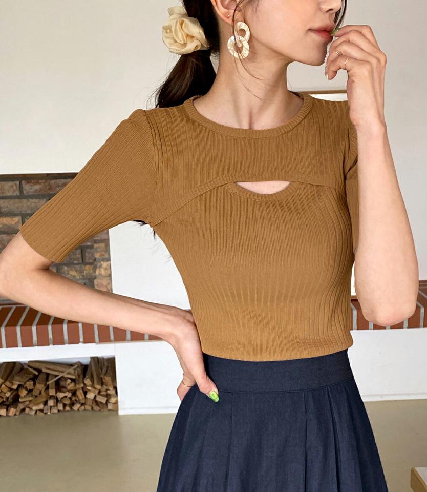 カットアウト半袖リブニット・全4色・b66933 レディース 【tops】韓国ファッション サマーニット トップス ニット 大人 半袖 ラウンドネック カットアウト レイヤード風 クロップド丈 スリム 無地 シンプル フェミニン カジュアル y2k 夏 春 秋