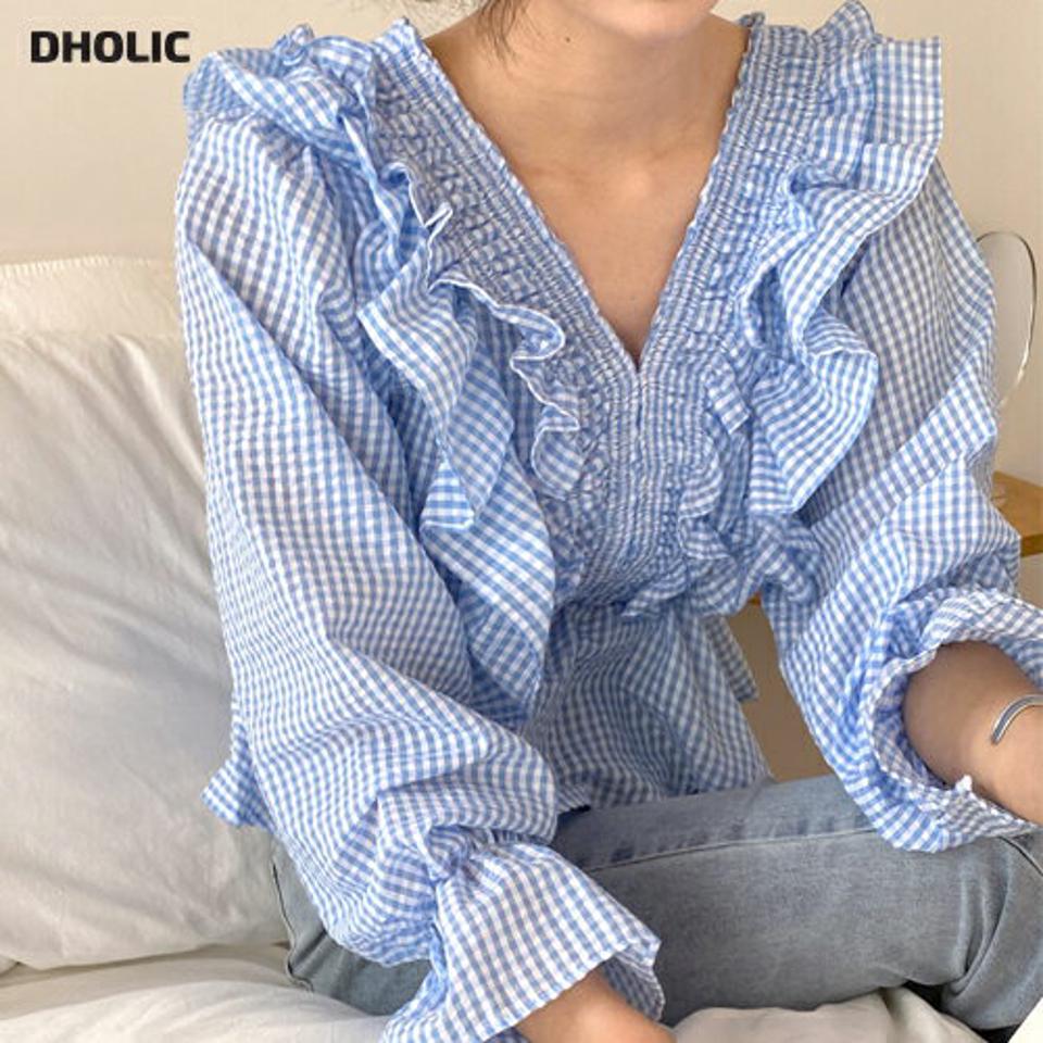 2WAYチェックフリルブラウス・全2色・t66939 レディース 【bl】韓国ファッション トップス ブラウス 長袖 Vネック チェック柄 フリル クロップド丈 かわいい 可愛い シンプル カジュアル フェミニン デイリー 春 秋