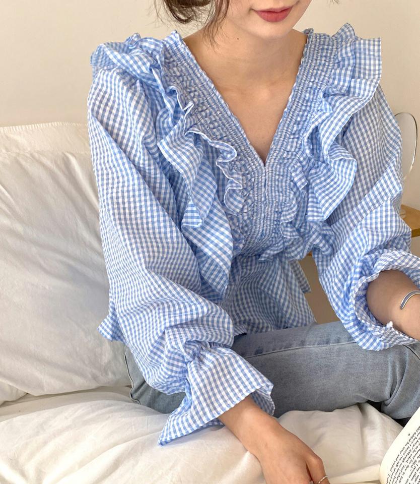 2WAYチェックフリルブラウス・全2色・t66939 レディース 【bl】韓国ファッション トップス ブラウス 長袖 Vネック チェック柄 フリル クロップド丈 かわいい 可愛い シンプル カジュアル フェミニン デイリー 春 秋