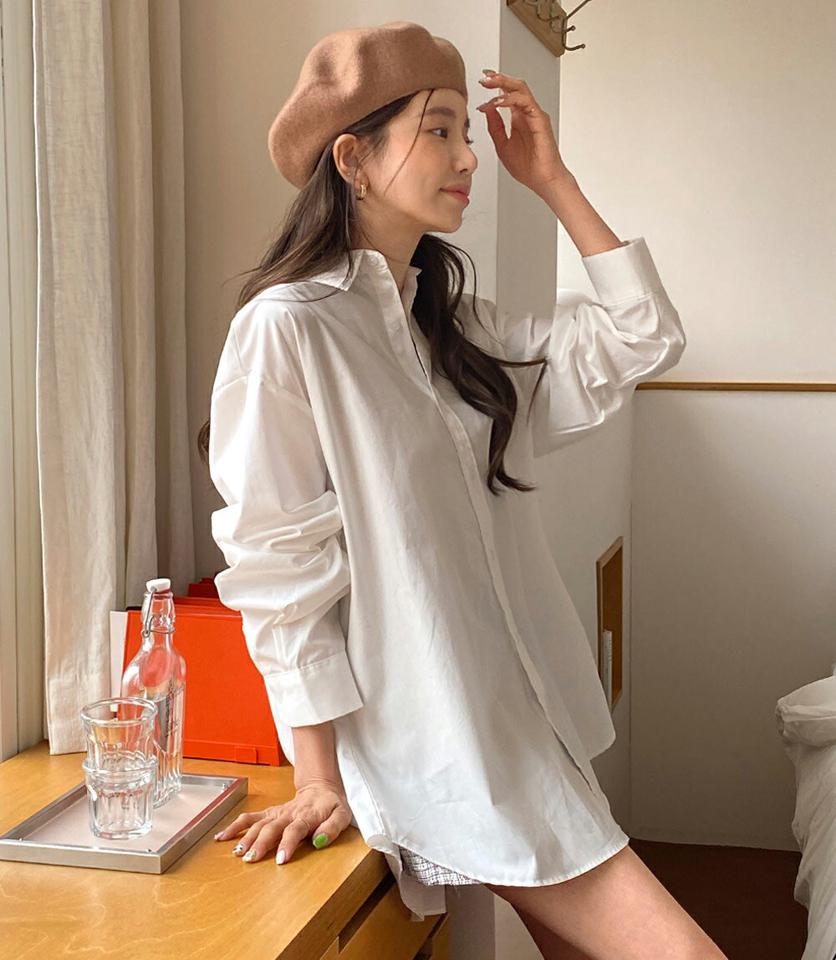 バックボタンシャツ・全5色・t66972 レディース 【bl】韓国ファッション トップス シャツ 長袖 カラーネック カフスボタン ラウンドヘム ルーズ 無地 ベーシック シンプル カジュアル フェミニン ガーリー スクールガール インしない 春 秋