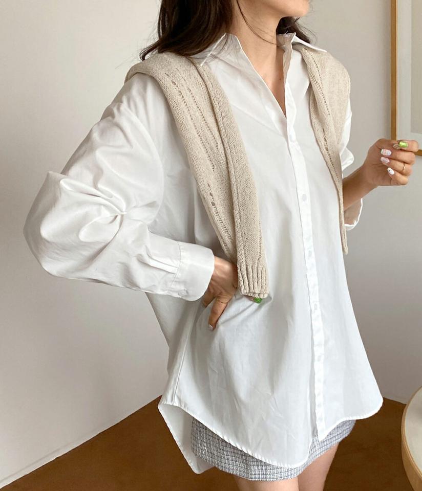 バックボタンシャツ・全5色・t66972 レディース 【bl】韓国ファッション トップス シャツ 長袖 カラーネック カフスボタン ラウンドヘム ルーズ 無地 ベーシック シンプル カジュアル フェミニン ガーリー スクールガール インしない 春 秋