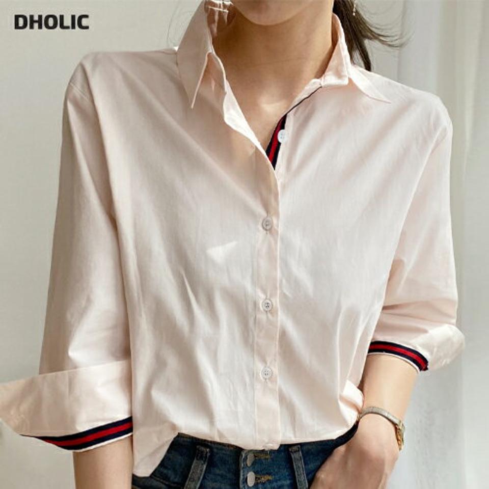 配色テープシャツ・全3色・b00371 レディース 【bl】トップス シャツ 長袖 カラーネック 配色テープ ボタン ドロップショルダー タック ロールアップ 無地 シンプル カジュアル フェミニン 春 秋 韓国ファッション ハイホリHIHOLLI