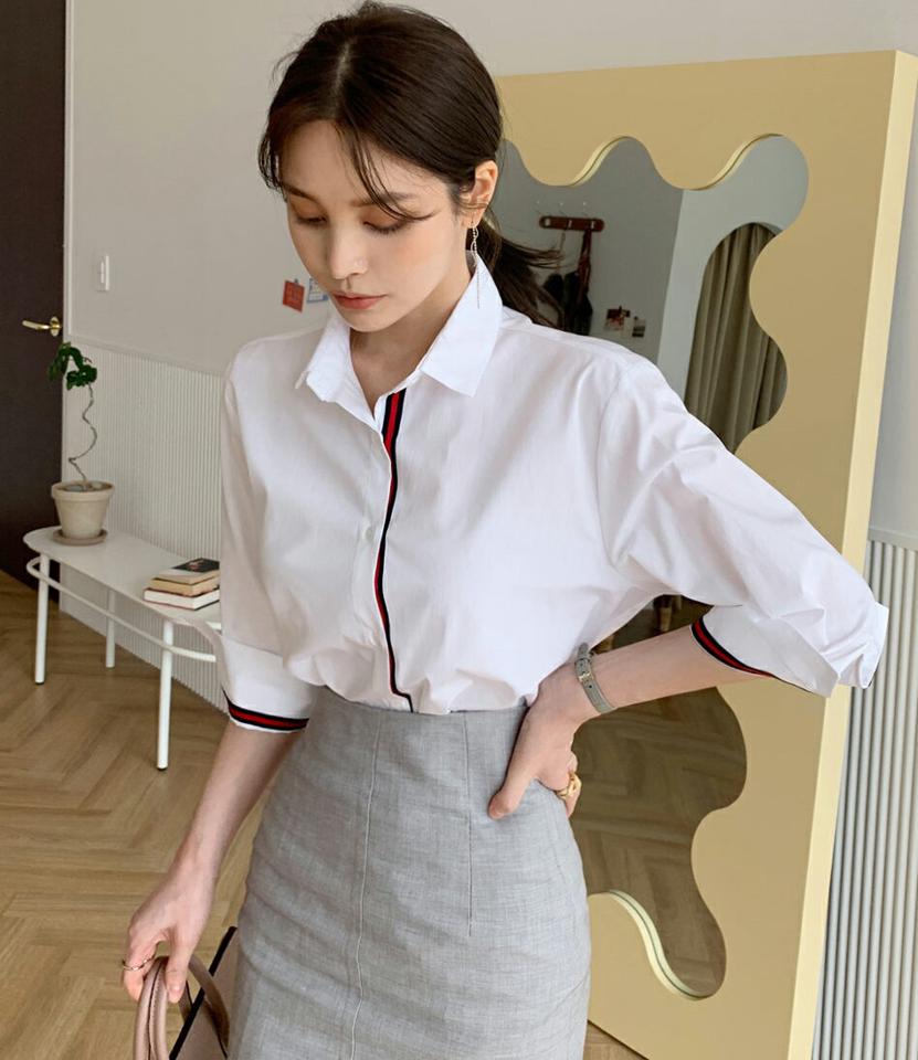 配色テープシャツ・全3色・b00371 レディース 【bl】トップス シャツ 長袖 カラーネック 配色テープ ボタン ドロップショルダー タック ロールアップ 無地 シンプル カジュアル フェミニン 春 秋 韓国ファッション ハイホリHIHOLLI