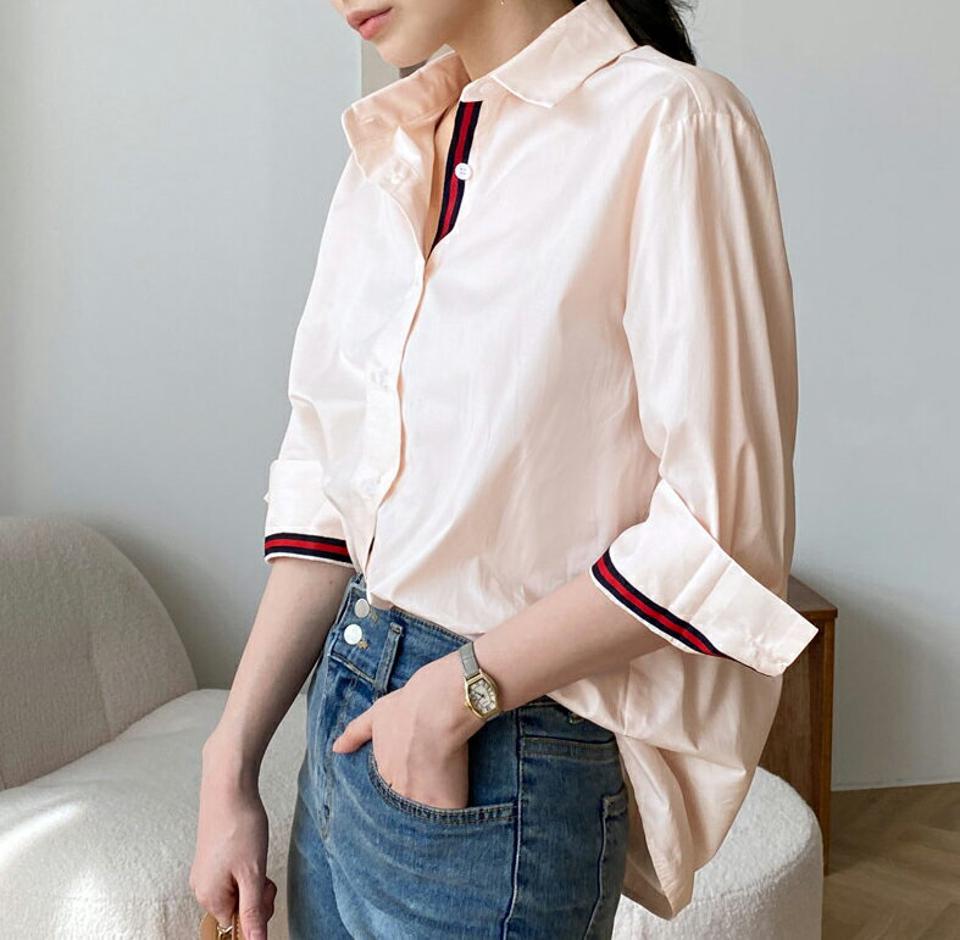 配色テープシャツ・全3色・b00371 レディース 【bl】トップス シャツ 長袖 カラーネック 配色テープ ボタン ドロップショルダー タック ロールアップ 無地 シンプル カジュアル フェミニン 春 秋 韓国ファッション ハイホリHIHOLLI