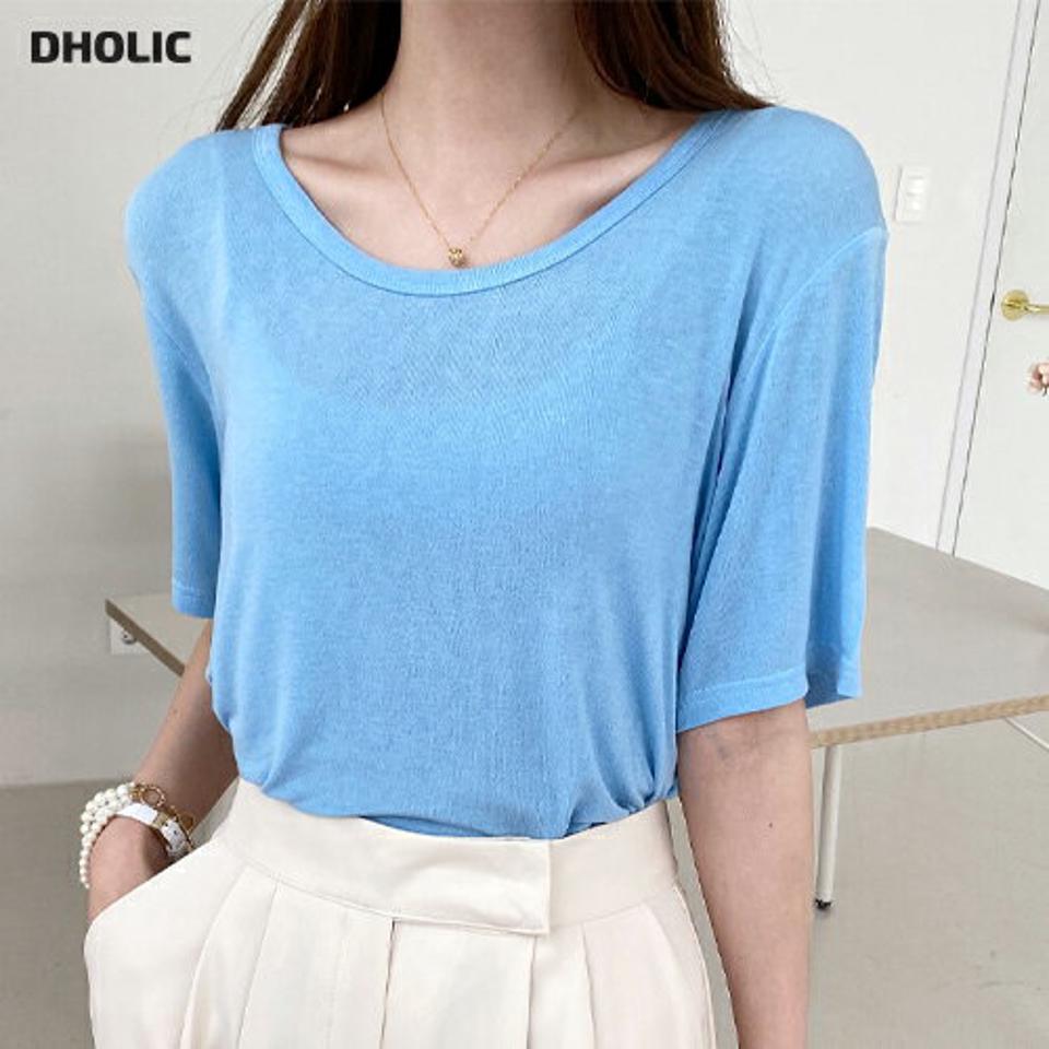 Uネック半袖Tシャツ・全6色・b00363 レディース 【tops】トップス Tシャツ 大人 半袖 Uネック ルーズ ドロップショルダー ロング丈 無地 ベーシック シンプル フェミニン カジュアル 水色 夏 春 秋 韓国ファッション ハイホリHIHOLLI
