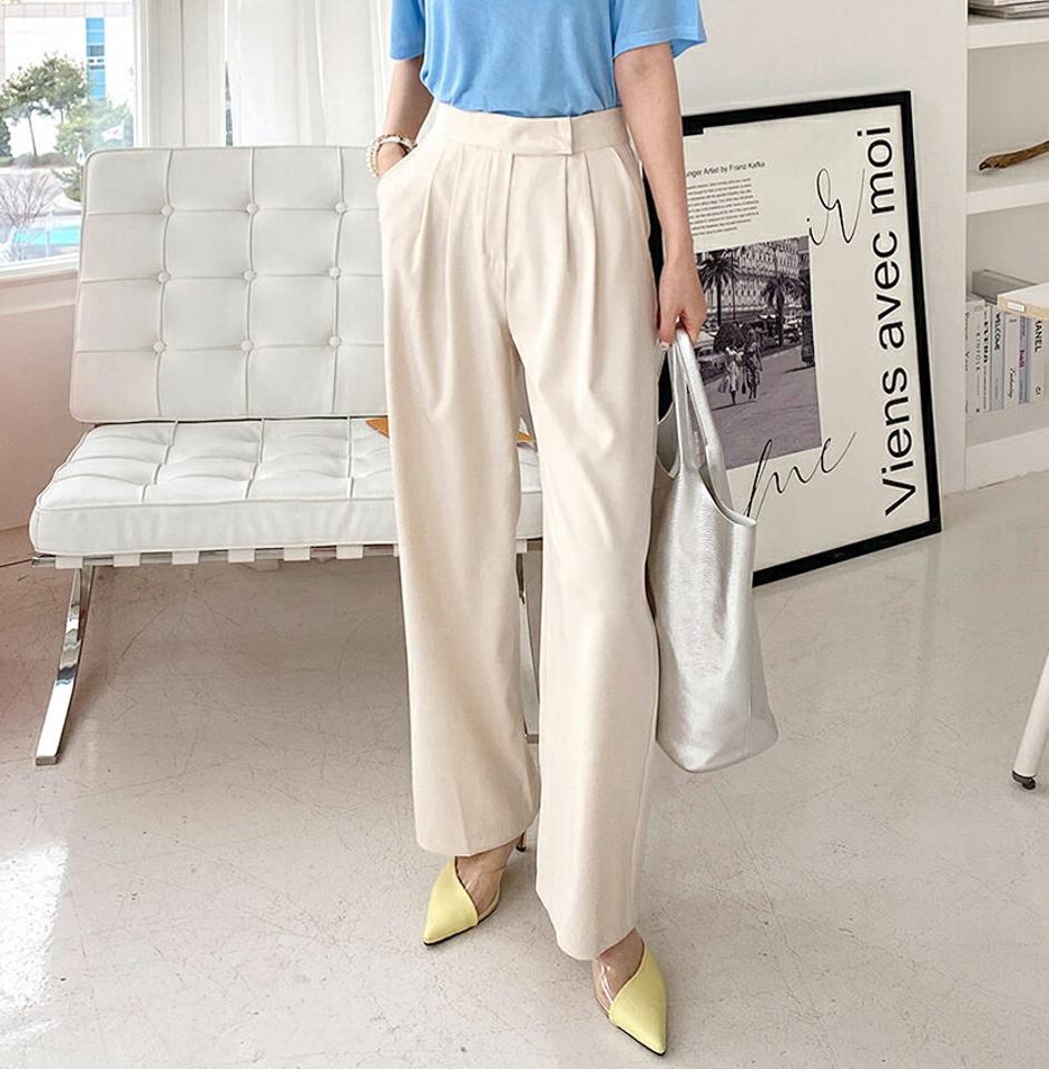 ツータックワイドスラックス・全3色・t00386 レディース 【pt】ボトムス ロング ロングパンツ スラックス ツータック ワイド ハイウエスト 無地 シンプル フェミニン カジュアル 春 秋 韓国ファッション ハイホリHIHOLLI