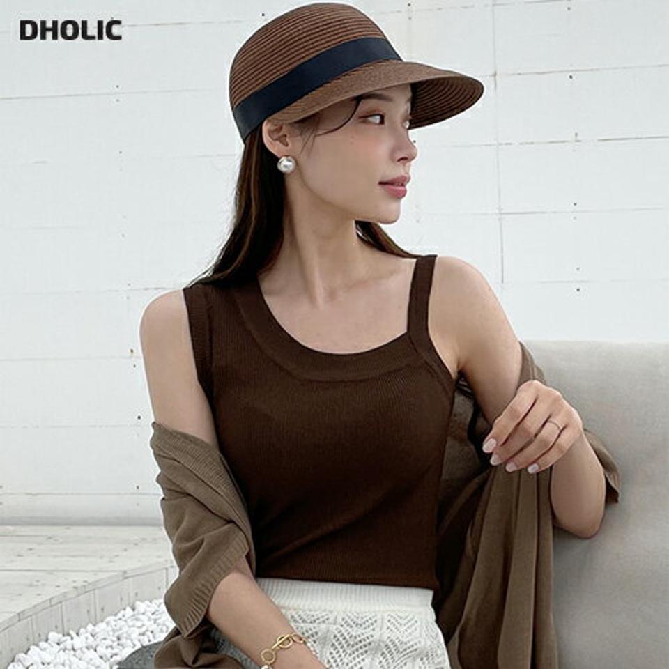 アシメニットノースリーブ・全6色・b00364 レディース 【tops】トップス Tシャツ 大人 半袖 ラウンドネック ストラップ付 チェーン フェイクパール シンプル フェミニン カジュアル 夏 春 秋 韓国ファッション ハイホリHIHOLLI