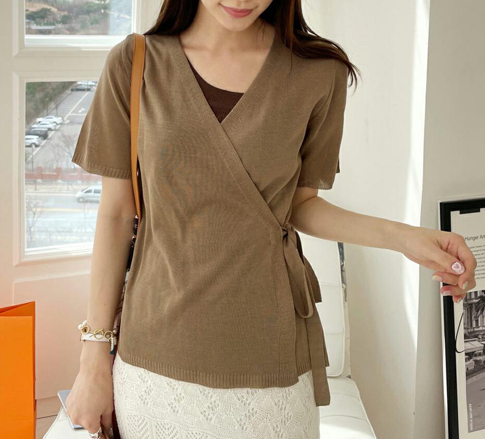 リボンラップ半袖ニット・全5色・b00373 レディース 【tops】トップス ニット 大人 半袖 Vネック リボン ラップ ストラップ 無地 シンプル フェミニン カジュアル 夏 春 秋 韓国ファッション ハイホリHIHOLLI