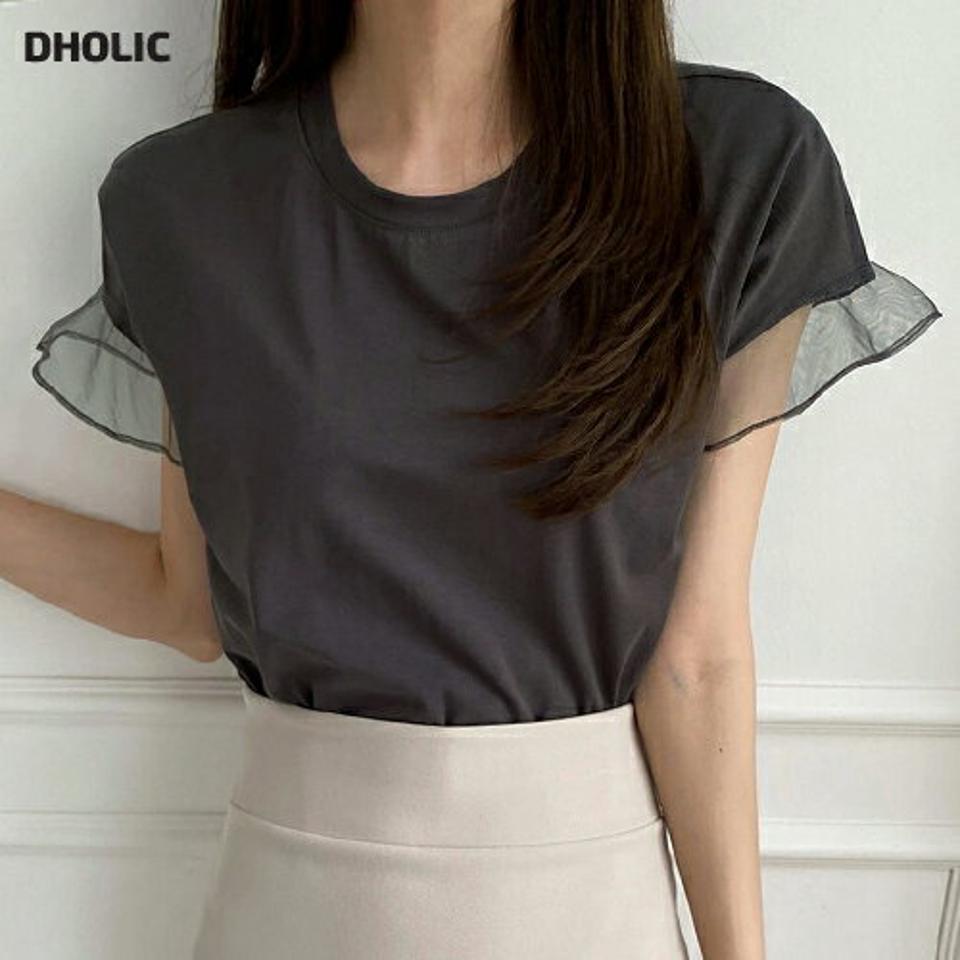 シアーフリルスリーブTシャツ・全3色・b00367 レディース 【tops】トップス Tシャツ 大人 半袖 ラウンドネック シアー フリルスリーブ 無地 シンプル フェミニン カジュアル 二の腕カバー 夏 春 秋 韓国ファッション ハイホリHIHOLLI