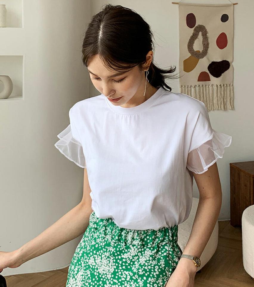 シアーフリルスリーブTシャツ・全3色・b00367 レディース 【tops】トップス Tシャツ 大人 半袖 ラウンドネック シアー フリルスリーブ 無地 シンプル フェミニン カジュアル 二の腕カバー 夏 春 秋 韓国ファッション ハイホリHIHOLLI