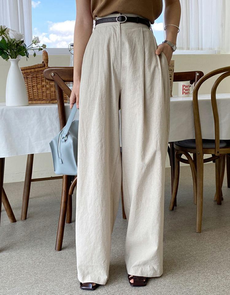 リネン混ワイドタックスラックス・全2色・t66953 レディース 【pt】韓国ファッション ボトムス ロング ロングパンツ スラックスパンツ スラックス リネン混 ワイド タック ハイウエスト 無地 シンプル フェミニン カジュアル 春 秋