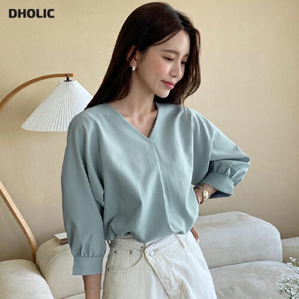 Vネックバックプリーツブラウス・全7色・b66958 レディース 【bl】韓国ファッション トップス ブラウス 7分袖 Vネック プリーツ ワンタック ギャザー ルーズ 可愛い かわいい シンプル カジュアル フェミニン 春 秋