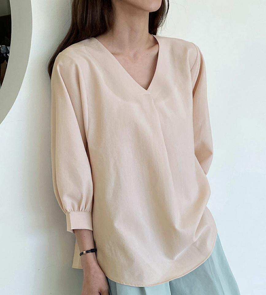 Vネックバックプリーツブラウス・全7色・b66958 レディース 【bl】韓国ファッション トップス ブラウス 7分袖 Vネック プリーツ ワンタック ギャザー ルーズ 可愛い かわいい シンプル カジュアル フェミニン 春 秋