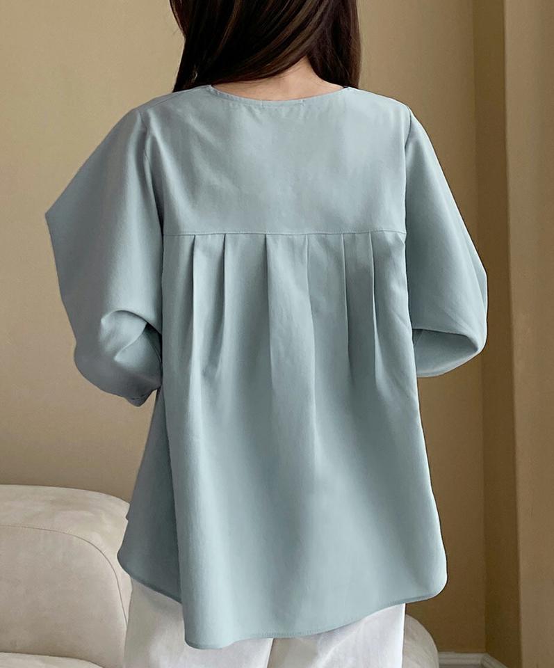 Vネックバックプリーツブラウス・全7色・b66958 レディース 【bl】韓国ファッション トップス ブラウス 7分袖 Vネック プリーツ ワンタック ギャザー ルーズ 可愛い かわいい シンプル カジュアル フェミニン 春 秋