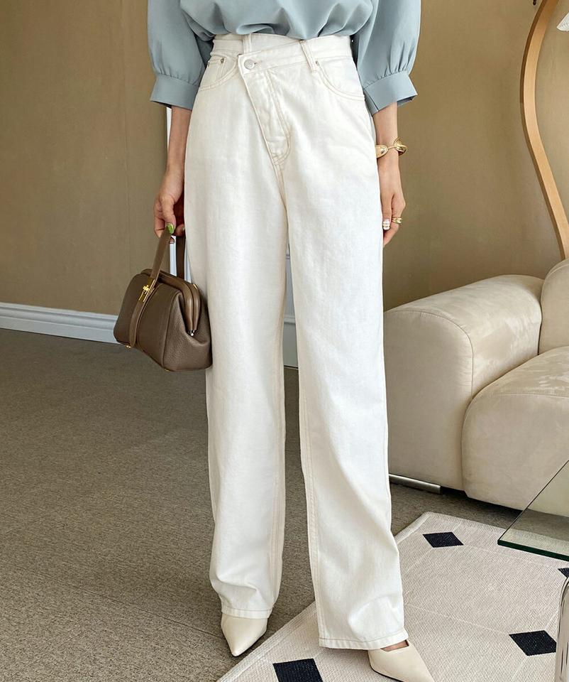 アンバランスボタンフライワイドパンツ・全1色・b66928 レディース 【pt】韓国ファッション ボトムス ロング ロングパンツ アンバランスボタン フライ ワイドパンツ ハイウエスト 無地 シンプル フェミニン カジュアル 春 秋