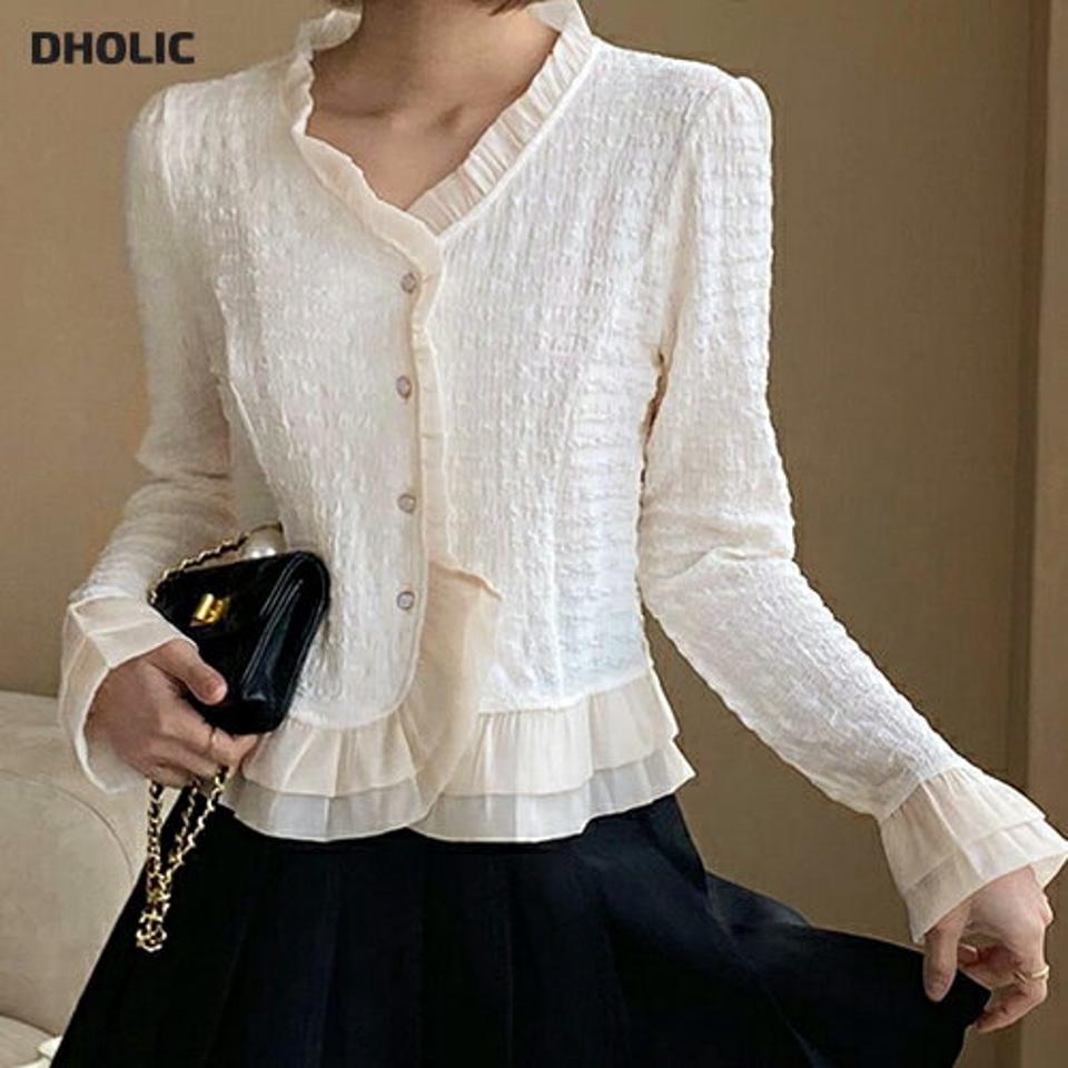 フリル配色リンクルブラウス・全2色・t66946 レディース 【bl】韓国ファッション トップス ブラウス 長袖 Vネック パフスリーブ フリル シフォン 配色 リンクル 可愛い かわいい シンプル カジュアル フェミニン 春 秋