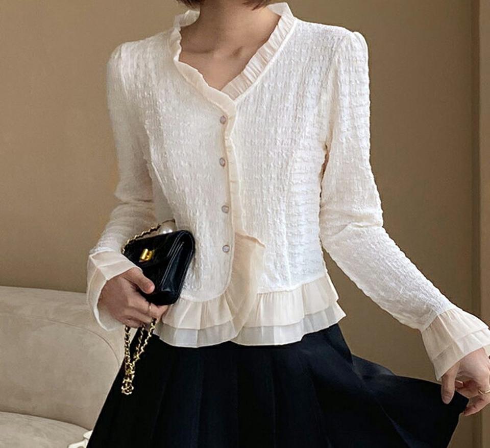 フリル配色リンクルブラウス・全2色・t66946 レディース 【bl】韓国ファッション トップス ブラウス 長袖 Vネック パフスリーブ フリル シフォン 配色 リンクル 可愛い かわいい シンプル カジュアル フェミニン 春 秋