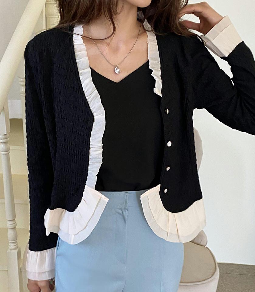 フリル配色リンクルブラウス・全2色・t66946 レディース 【bl】韓国ファッション トップス ブラウス 長袖 Vネック パフスリーブ フリル シフォン 配色 リンクル 可愛い かわいい シンプル カジュアル フェミニン 春 秋