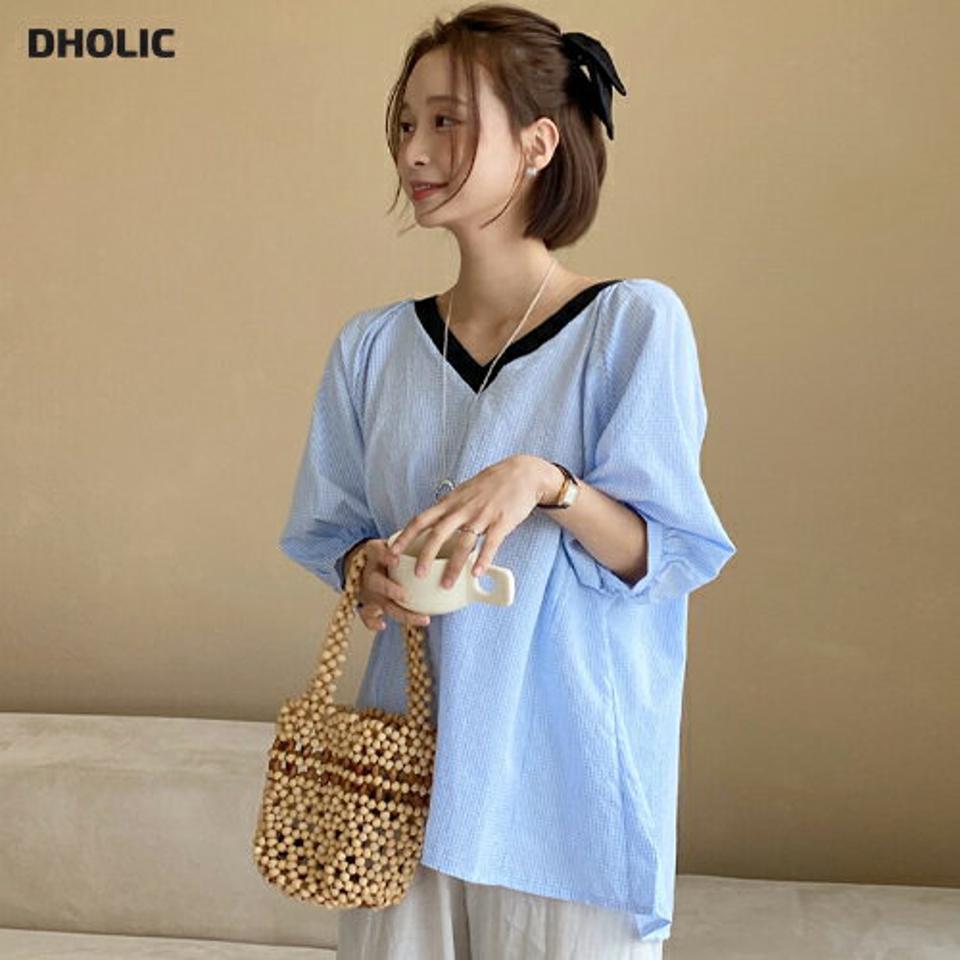 ギンガムチェックバックリボンブラウス・全2色・b66959 レディース 【bl】韓国ファッション トップス ブラウス 7分袖 Vネック ギンガムチェック リボン かわいい 可愛い シンプル カジュアル フェミニン 水色 夏 春 秋