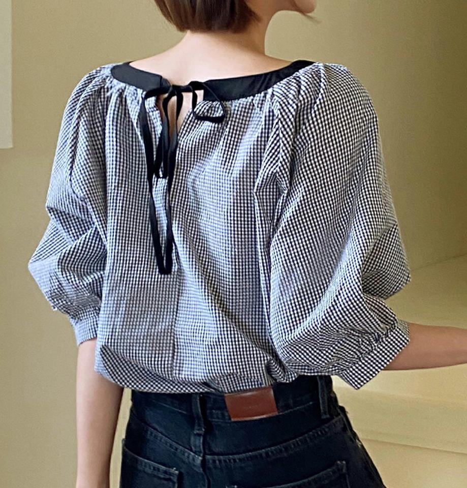 ギンガムチェックバックリボンブラウス・全2色・b66959 レディース 【bl】韓国ファッション トップス ブラウス 7分袖 Vネック ギンガムチェック リボン かわいい 可愛い シンプル カジュアル フェミニン 水色 夏 春 秋