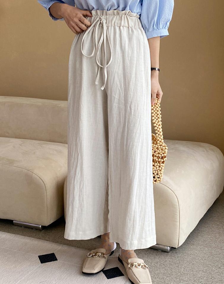 リネンブレンドリボンパンツ・全3色・b66929 レディース 【pt】韓国ファッション ボトムス ロング ロングパンツ リネン混 リボン ハイウエスト ストレート 無地 シンプル フェミニン カジュアル 春 秋