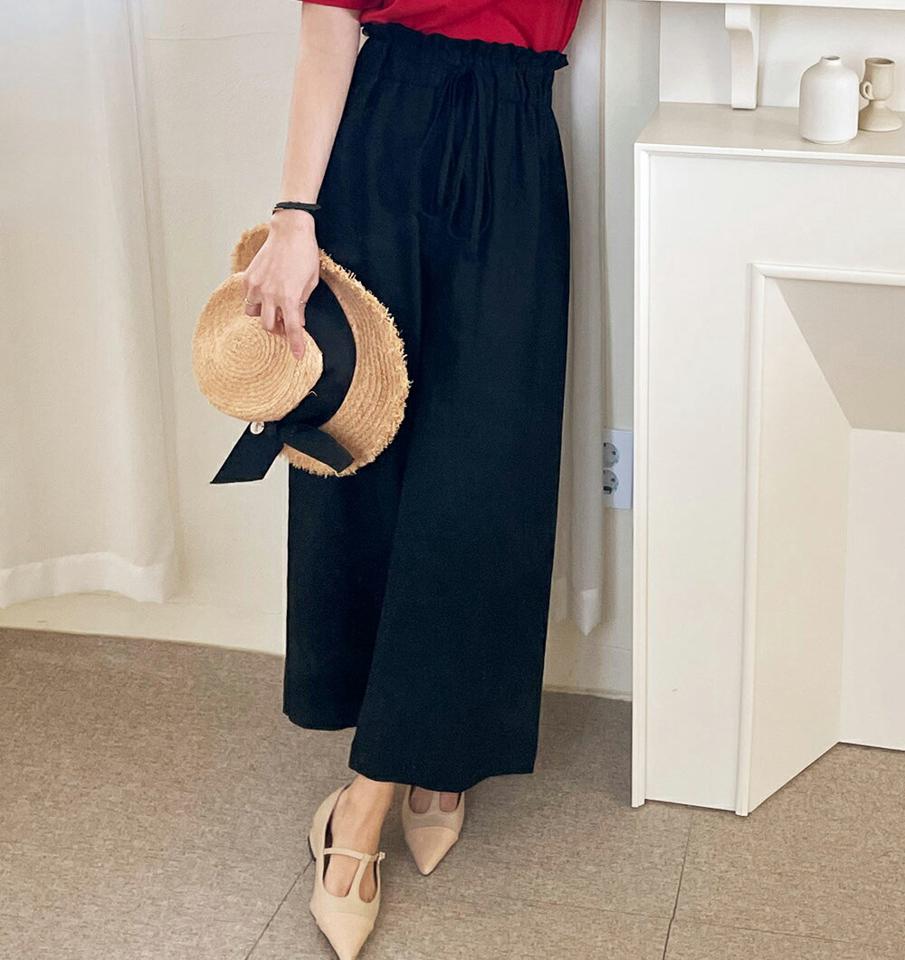 リネンブレンドリボンパンツ・全3色・b66929 レディース 【pt】韓国ファッション ボトムス ロング ロングパンツ リネン混 リボン ハイウエスト ストレート 無地 シンプル フェミニン カジュアル 春 秋