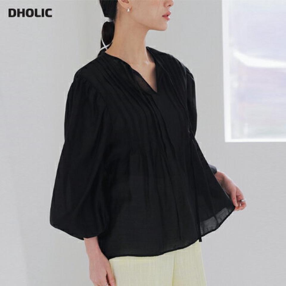 リボンピンタックバルーンブラウス・全3色・t00228 レディース 【bl】トップス ブラウス 七分袖 七分丈 7分袖 7分丈 りぼん 単色 フェミニン シンプル デコルテ 鎖骨 きれいめ ゆったり 大人 春 秋 韓国ファッション ハイホリHIHOLLI