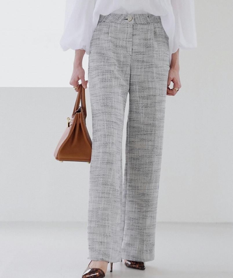 ツイードゴールドフレームボタンパンツ・全3色・t00241 レディース 【pt】パンツ ズボン ロングパンツ ゴールド ツイード 大人 きれいめ ワイド 高級感 ストレート ワンタック ダーツ 学校行事 春 秋 韓国ファッション ハイホリHIHOLLI