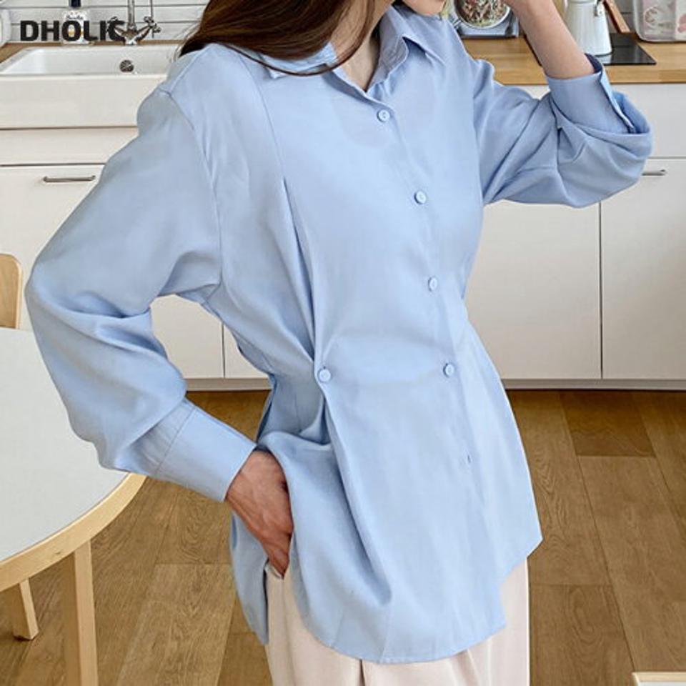 2WAYボタンシャツ・全3色・t67024 レディース 【bl】韓国ファッション トップス シャツ 長袖 カラーネック カフスボタン スリット ウエストボタン ルーズ 無地 シンプル カジュアル フェミニン 春 秋