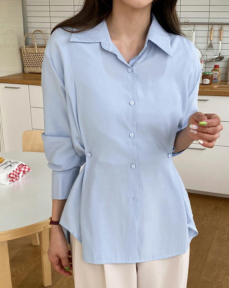 2WAYボタンシャツ・全3色・t67024 レディース 【bl】韓国ファッション トップス シャツ 長袖 カラーネック カフスボタン スリット ウエストボタン ルーズ 無地 シンプル カジュアル フェミニン 春 秋