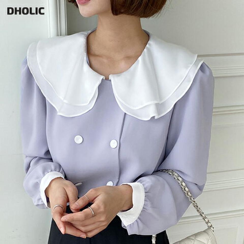 コントラストカラーダブルボタンブラウス・全2色・t67056 レディース 【bl】韓国ファッション トップス ブラウス 長袖 カラーネック コントラスト ダブルボタン ギャザー クロップド丈 シンプル カジュアル フェミニン 春 秋
