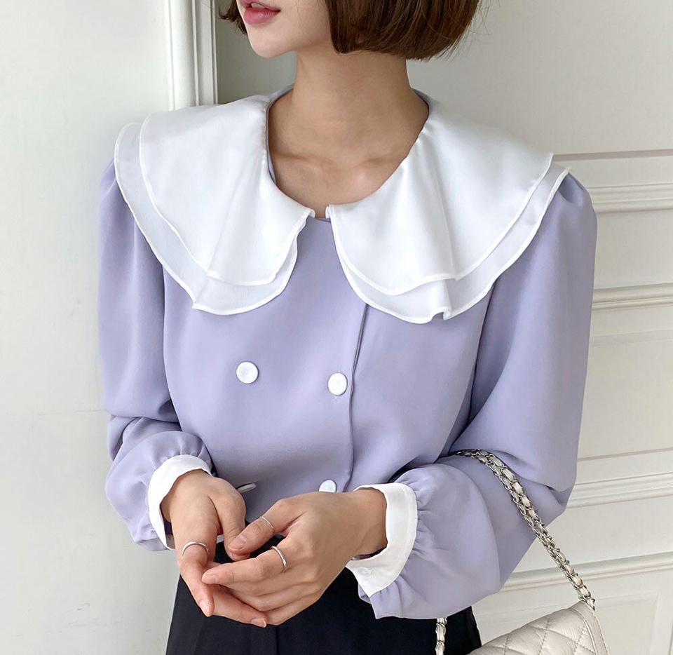 コントラストカラーダブルボタンブラウス・全2色・t67056 レディース 【bl】韓国ファッション トップス ブラウス 長袖 カラーネック コントラスト ダブルボタン ギャザー クロップド丈 シンプル カジュアル フェミニン 春 秋