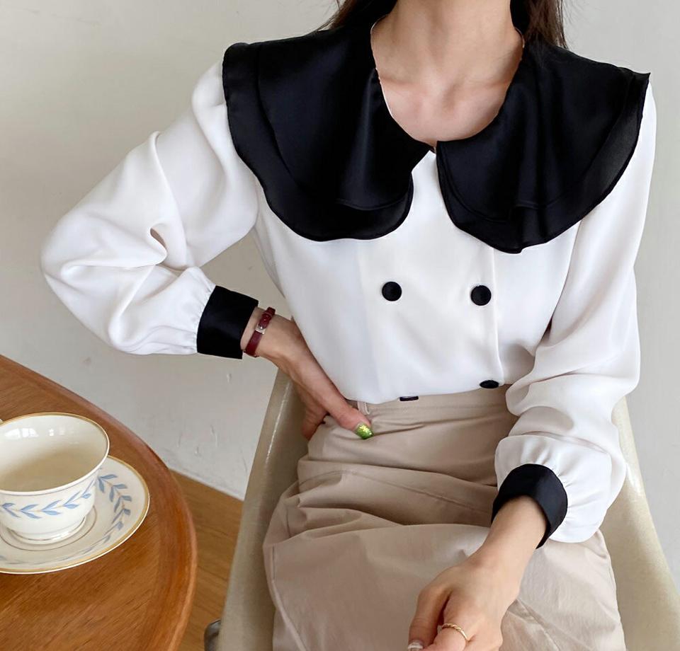 コントラストカラーダブルボタンブラウス・全2色・t67056 レディース 【bl】韓国ファッション トップス ブラウス 長袖 カラーネック コントラスト ダブルボタン ギャザー クロップド丈 シンプル カジュアル フェミニン 春 秋