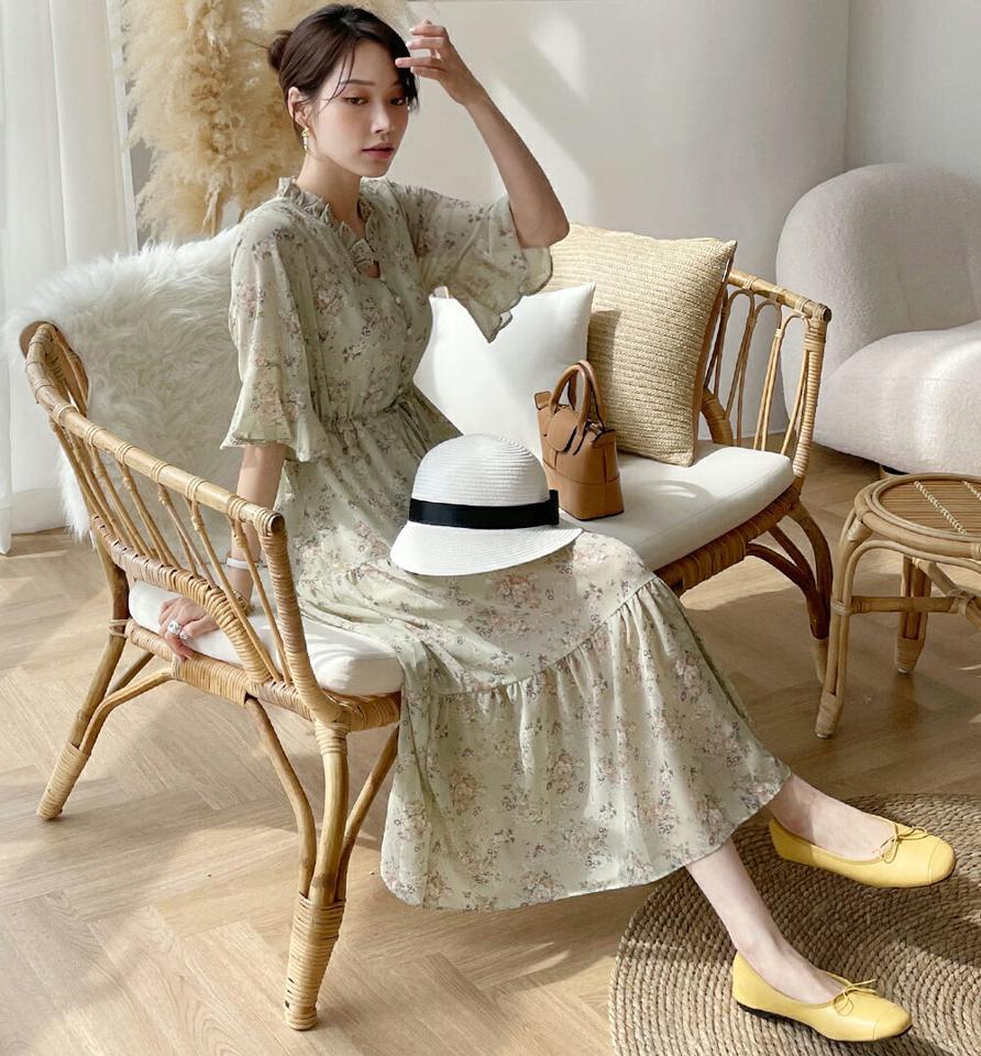 くるみボタンフローラルワンピース・全2色・b00381 レディース 【ops】ワンピース ロング 半袖 Vネック くるみボタン 花柄 フラワー フローラル ロング丈 シンプル フェミニン 夏 春 秋 韓国ファッション ハイホリHIHOLLI