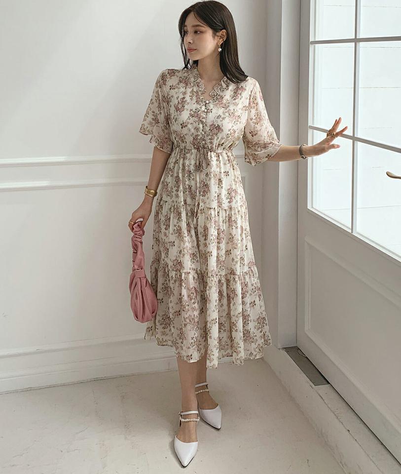 くるみボタンフローラルワンピース・全2色・b00381 レディース 【ops】ワンピース ロング 半袖 Vネック くるみボタン 花柄 フラワー フローラル ロング丈 シンプル フェミニン 夏 春 秋 韓国ファッション ハイホリHIHOLLI